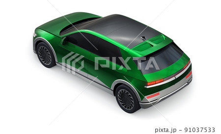 Ultra progressive electric hatchback SUV for people who love technology. Green car on a white isolated background. 3d illustration. Ultra progressive electric hatchback SUV for people who love technology. Green car on a white isolated background. 3d illustration. 91037533