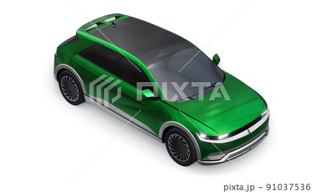 Ultra progressive electric hatchback SUV for people who love technology. Green car on a white isolated background. 3d illustration. 91037536