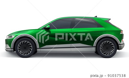 Ultra progressive electric hatchback SUV for people who love technology. Green car on a white isolated background. 3d illustration. Ultra progressive electric hatchback SUV for people who love technology. Green car on a white isolated background. 3d illustration. 91037538