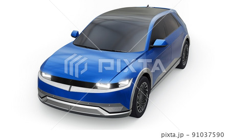Ultra progressive electric hatchback SUV for people who love technology. Blue car on a white isolated background. 3d illustration. 91037590