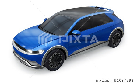 Ultra progressive electric hatchback SUV for people who love technology. Blue car on a white isolated background. 3d illustration. Ultra progressive electric hatchback SUV for people who love technology. Blue car on a white isolated background. 3d illustration. 91037592