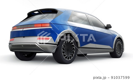 Ultra progressive electric hatchback SUV for people who love technology. Blue car on a white isolated background. 3d illustration. 91037599