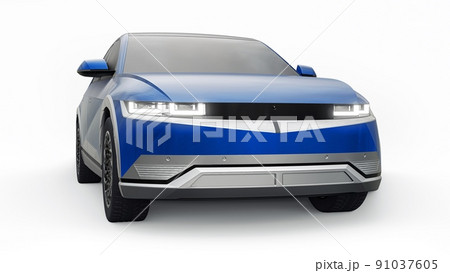 Ultra progressive electric hatchback SUV for people who love technology. Blue car on a white isolated background. 3d illustration. 91037605