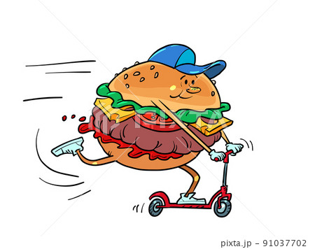 Sports burger character rides a scooter. Active lifestyle comic cartoon Sports burger character rides a scooter. Active lifestyle comic cartoon 91037702