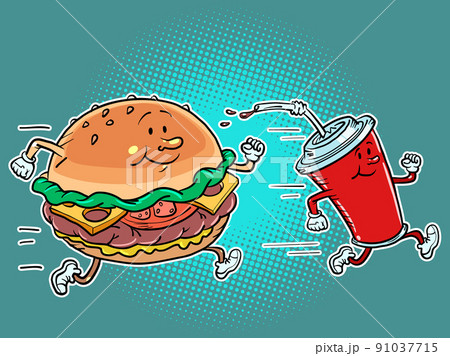Fast food characters burger and cola drink run. Sports lifestyle and street food Fast food characters burger and cola drink run. Sports lifestyle and street food 91037715