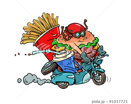 Fast food products characters bikers ride a motorcycle. Road restaurant. Burger fries drink cola 91037725