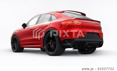 Red 3d model of a sports SUV in a coupe body on a white background. 3d rendering. Red 3d model of a sports SUV in a coupe body on a white background. 3d rendering. 91037732