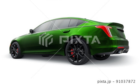 Green premium business sedan car in a sports configuration on a white background. 3d rendering. Green premium business sedan car in a sports configuration on a white background. 3d rendering. 91037872