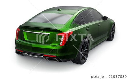 Green premium business sedan car in a sports configuration on a white background. 3d rendering. Green premium business sedan car in a sports configuration on a white background. 3d rendering. 91037889