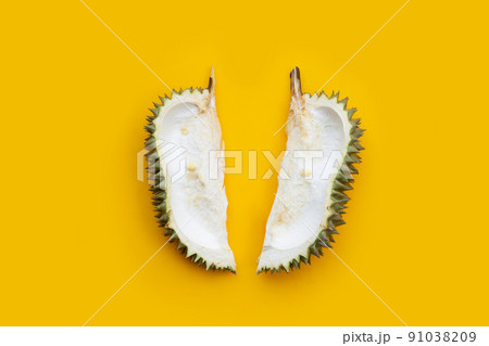 Durian peel on yellow background. Top view Durian peel on yellow background. Top view 91038209