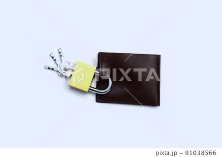 Wallet with padlock and keys on white background. Copy space 91038566