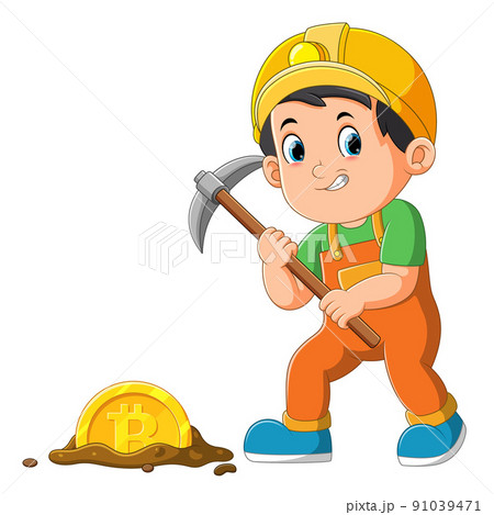 The worker boy is mining bitcoin with pickaxe in the ground 91039471