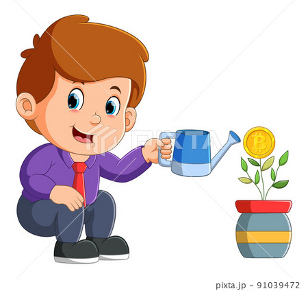 The boy is planting the bitcoin plant and watering it The boy is planting the bitcoin plant and watering it 91039472