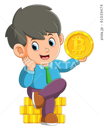 The happy boy is sitting while holding a big bitcoin 91039474
