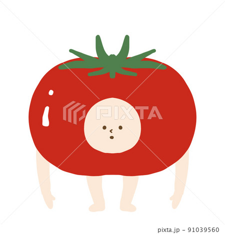 野菜に顔と手足をつけたらこうなった トマトのイラスト素材 [91039560