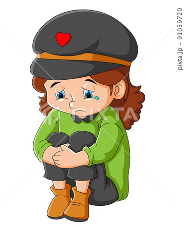 The curly girl is feeling so sad and contemplating 91039720