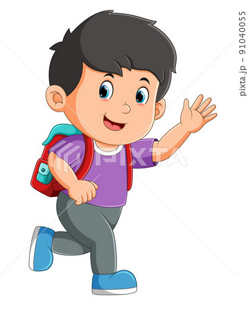 The boy is running and waving the bus in the street  91040055
