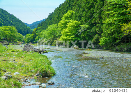 入間川(名栗川)　弁天河原付近の眺め　春　新緑川風景 91040432