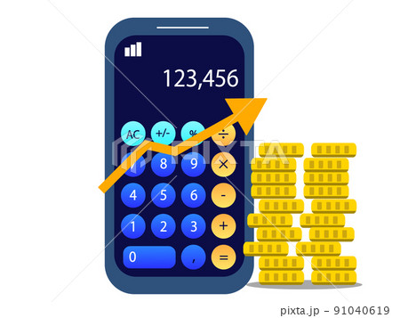 電卓とスマホ お金と矢印アップ 売上が上がる ビジネス イラスト	 91040619