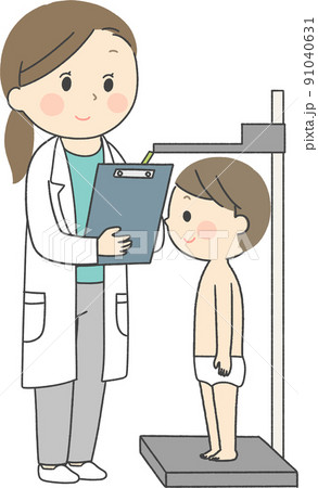 身体測定をする子供と保育士のイラスト素材