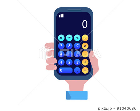 スマホの電卓で計算する 画面と手 携帯 持つ アプリ イラスト	 91040636