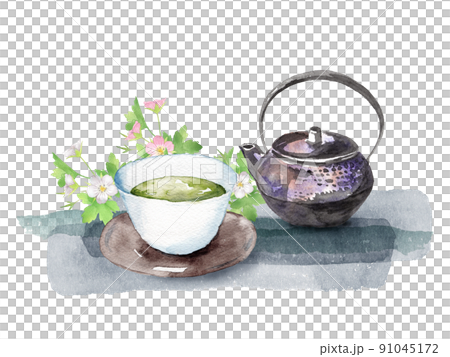 ゲンノショウコとお茶セットの水彩画 91045172