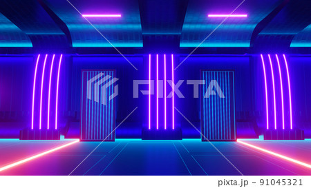 3d render of flash neon and light glowing on dark scene. Speed light moving lines. 3d render of flash neon and light glowing on dark scene. Speed light moving lines. 91045321