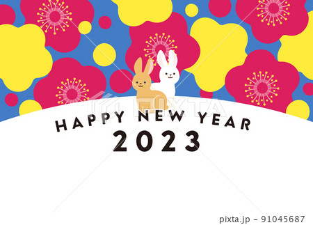 年賀状　2023年　デザイン　イラスト　梅とウサギ　卯年　横構図 91045687