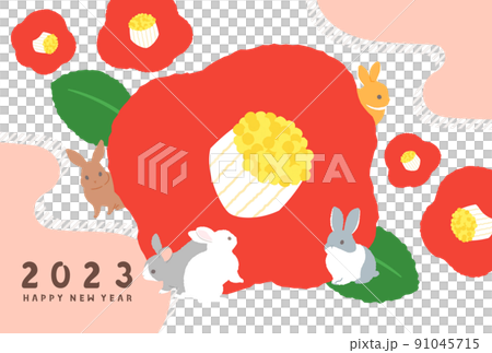 New Year's card 2023 design illustration camellia and rabbit year of the rabbit horizontal composition 91045715