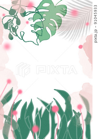 Foliage invitation card template design, Monstera and tropical on white. green and pink tones lush leaves Foliage invitation card template design, Monstera and tropical on white. green and pink tones lush leaves 91045933