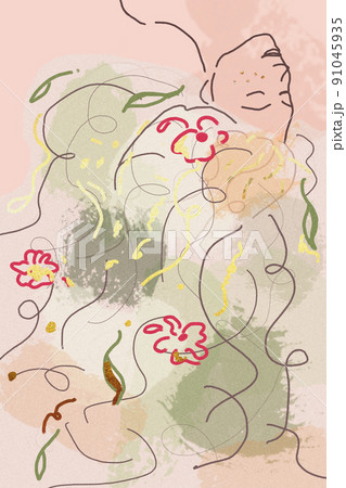Portrait of beautiful young woman with long hair covered with flowers. line and watercolor Illustration. hair care and beauty. Portrait of beautiful young woman with long hair covered with flowers. line and watercolor Illustration. hair care and beauty. 91045935