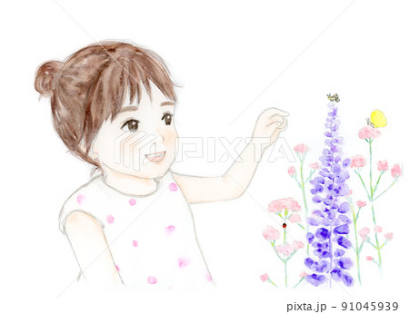 花や虫を見て喜ぶ女の子のイラスト素材