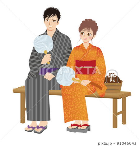 働く男女イラスト　全身　浴衣　縁台に座る二人 91046043