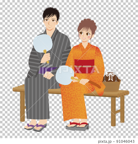 Illustration of working men and women, whole body, yukata, two people sitting on a pedestal 91046043