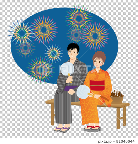 働く男女イラスト　全身　浴衣　縁台に座る二人 91046044