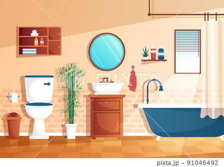 Modern Bathroom Furniture Interior Background Illustration with Bathtub, Faucet Toilet Sink to Shower and Clean up in Flat Color Style Modern Bathroom Furniture Interior Background Illustration with Bathtub, Faucet Toilet Sink to Shower and Clean up in Flat Color Style 91046492