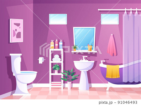 Modern Bathroom Furniture Interior Background Illustration with Bathtub, Faucet Toilet Sink to Shower and Clean up in Flat Color Style 91046493