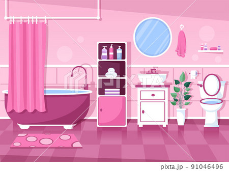Modern Bathroom Furniture Interior Background Illustration with Bathtub, Faucet Toilet Sink to Shower and Clean up in Flat Color Style 91046496