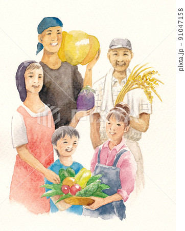 家族の絵 笑顔の農家家族水彩画のイラスト素材 [91047158] - PIXTA