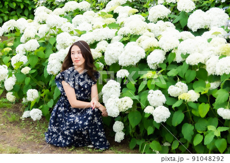 紫陽花と女性 91048292