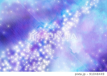 イラスト素材 七月七日 七夕の天の川 手描きの水彩絵の具のにじみ背景 横位置 星空 水色 紫色 白色のイラスト素材