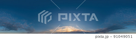 Dark blue sunset sky pano with Cumulus clouds. Seamless hdr panorama in spherical equirectangular format. Complete zenith for 3D visualization, game and sky replacement for aerial drone 360 panoramas. 91049051