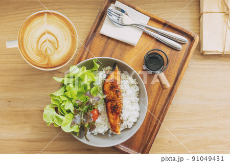 healthy food meal Japanese rice with Salmon Teriyaki with salad vegetable high Omega 3 vitamin menu. 91049431