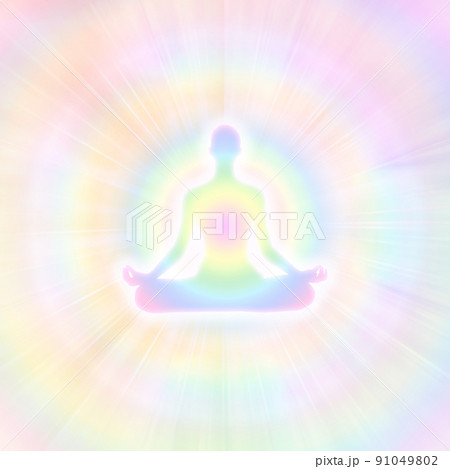レインボウメディテーション（虹の瞑想）で自己も周りも虹と一体化したイメージイラスト 91049802