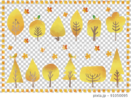 水彩風　紅葉の樹々と鳥 セット 91050095