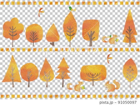 水彩風　紅葉の樹々とリス＆鳥 セット 91050097