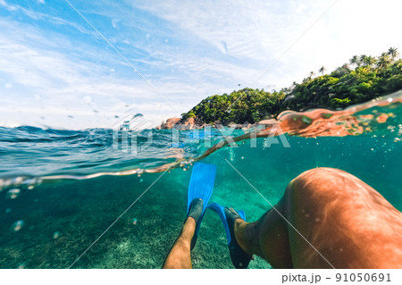 Tropical Island Palm and underwater, Snorkeling in the sea 91050691