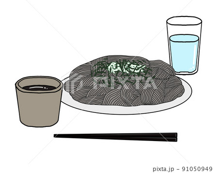 蕎麦と飲み水のイラスト(めんつゆと箸付き) 蕎麦と飲み水のイラスト(めんつゆと箸付き) 91050949