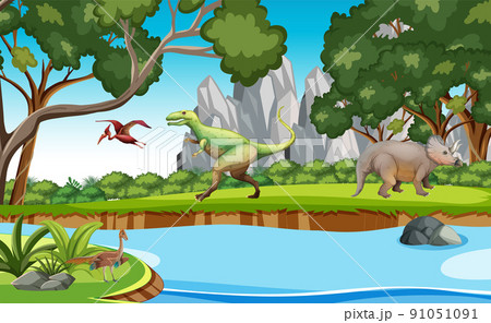 Nature scene with trees on mountains with dinosaur 91051091