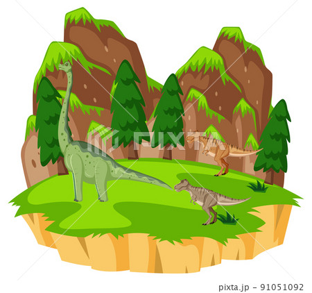 Scene with dinosaurs brachiosaurus and t-rex on island Scene with dinosaurs brachiosaurus and t-rex on island 91051092